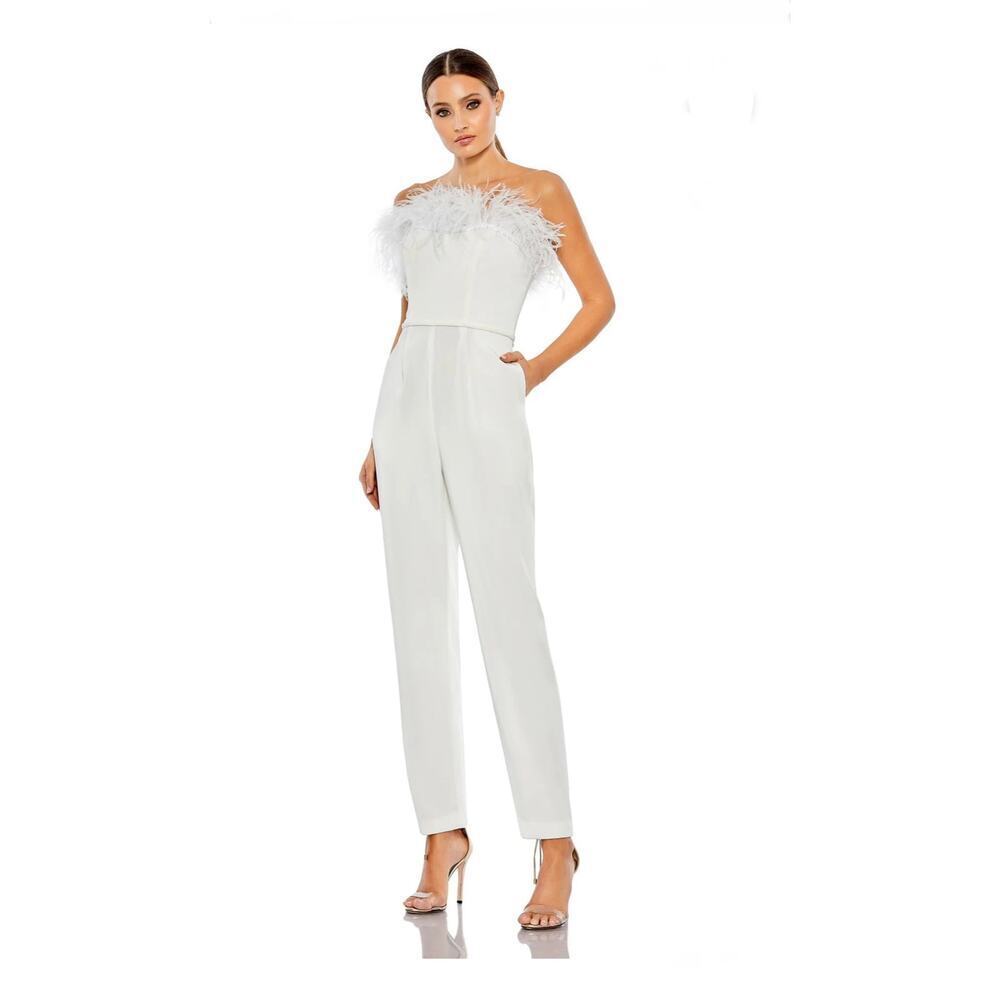 NEW NWT Mac Duggal 68146 White Feathered Jumpsuit size 0